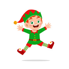 happy cute little kid boy and girl wearing green elf christmas costume