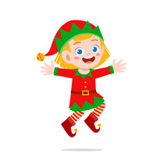 happy cute little kid boy and girl wearing green elf christmas costume