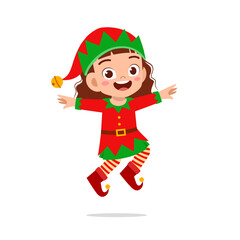 happy cute little kid boy and girl wearing green elf christmas costume