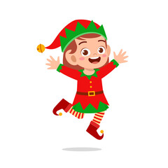happy cute little kid boy and girl wearing green elf christmas costume