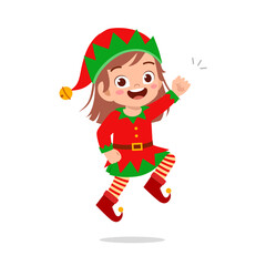 happy cute little kid boy and girl wearing green elf christmas costume