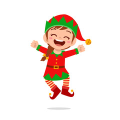 happy cute little kid boy and girl wearing green elf christmas costume