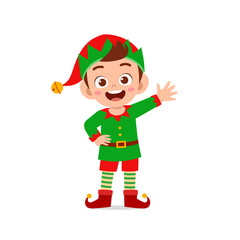 happy cute little kid boy and girl wearing green elf christmas costume