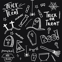 Happy Halloween doodles, roughly hand drawn, handmade collection of Halloween, holiday related icons EPS Vector