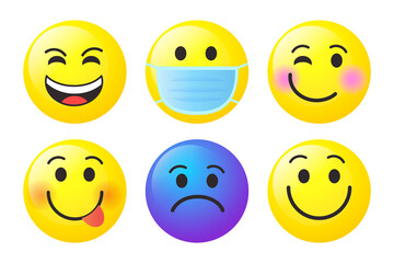 Glossy 3D emoji icon set. Yellow and blue faces with happy, sad, mask, and wink emotions. Vector avatars for social media reaction.