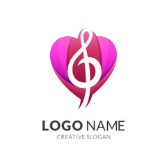 music love logo, key g and love, combination logo with 3d pink and red color style
