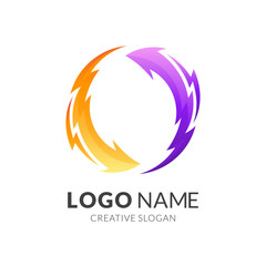 arrow thunder logo, arrow and thunder, combination logo with 3d yellow and purple color style
