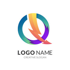 letter Q thunder logo, letter Q and thunder, combination logo with 3d colorful style