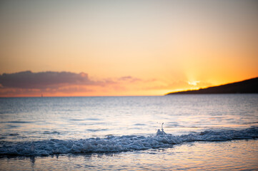 Orange, warm tone sky, Sunset or Sunrise and peaceful waves, Tranquil Landscape Image, dusk or dawn, Hawaii, Maui