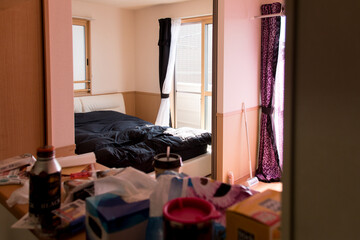 女性の一人暮らし、引っ越し。リビングからベッドルームの眺め。