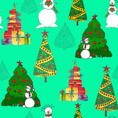 Christmas seamless pattern with snowmen, trees and gifts, graphic color sketch on green background