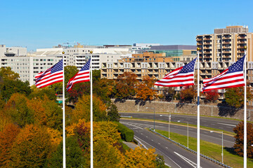 Bright colors in landscape of Washington DC, USA. Downtown on sunny day in autumn with trees foliage and national flags on high poles.