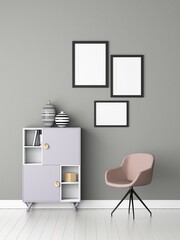 3d rendering. Empty frame mock up in interior with objects