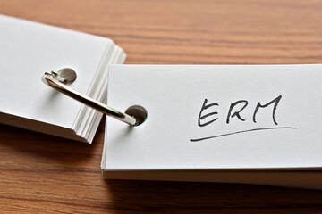 The words "ERM" written in a word book. Close-up. It is an acronym for "Enterprise Risk Management".