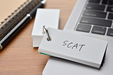 The words "SCAT" written in a word book with laptop PC and a pen. It is an acronym for "Steps for Coding and Theorization".