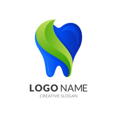 dental nature, dental and leaf, combination logo with 3d blue and green color style1