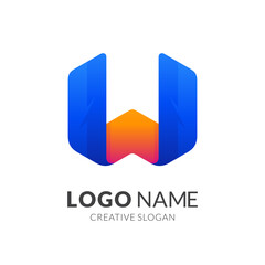 letter W logo design with 3d blue and orange color style