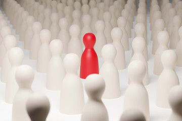 Red pawn figure surrounded by white pawns. Selective focus. Difference concept 3d illustration.