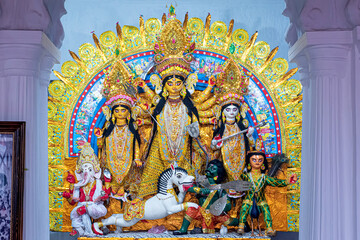 Idol of Goddess Devi Durga at Sovabazar Rajbari, Kolkata, West Bengal, India. Durga Puja is a...