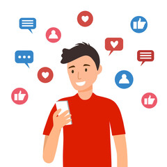 Young man using smartphones. Getting likes in social media app concept banner. Like buttons, messages and followers icons. Online chat. Live chatting.
