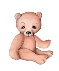 Cute cartoon teddy bear. Watercolor hand drawn sketch, illustration, icon for children.