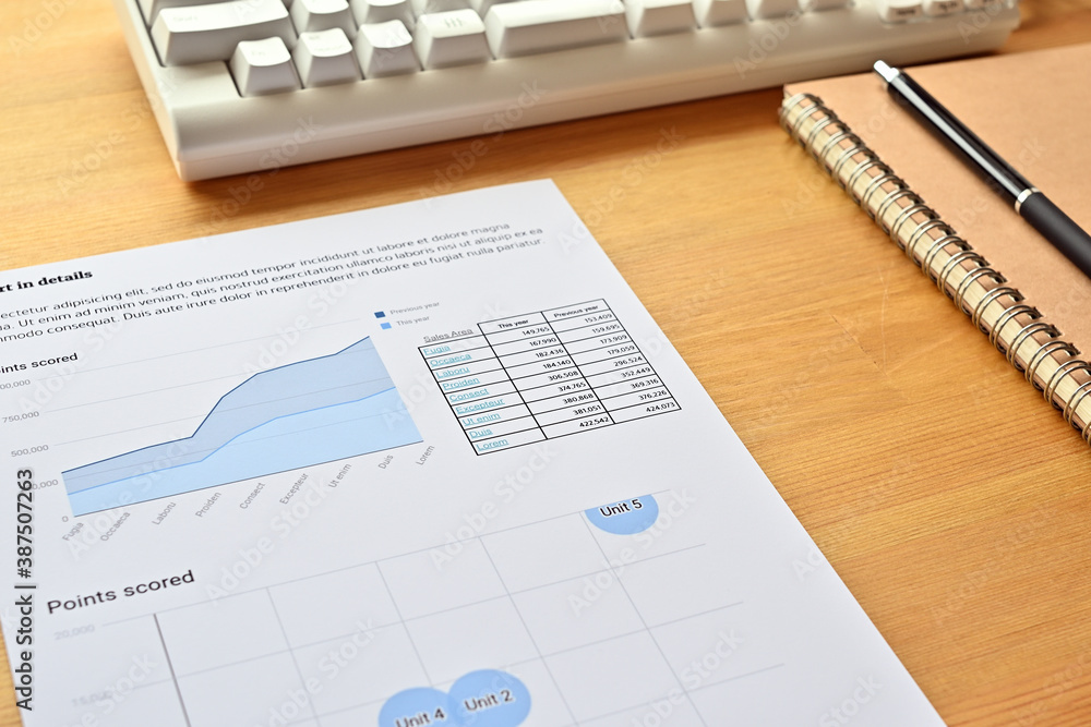 Poster there's a piece of paper with an upward trend line and a bar chart on it, along with a white keyboar
