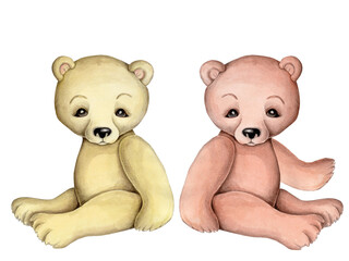 Cute cartoon teddy bear. Watercolor hand drawn sketch, illustration, icon for children.