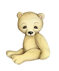 Cute cartoon teddy bear. Watercolor hand drawn sketch, illustration, icon for children.
