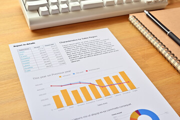 There's a piece of paper with a downward trending line and a bar chart on it, along with a white keyboard, notebook and pen.