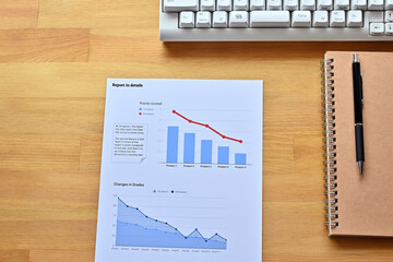 There's a piece of paper with a downward trending line and a bar chart on it, along with a white keyboard, notebook and pen.