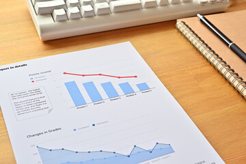 There's a piece of paper with a downward trending line and a bar chart on it, along with a white keyboard, notebook and pen.