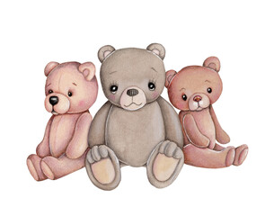 Cute cartoon teddy bear. Watercolor hand drawn sketch, illustration, icon for children.