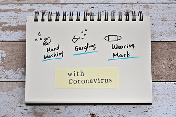 There is a sticky note with the words "with Coronavirus" on a notebook with illustrations of hand washing, gargling and other infection control measures.