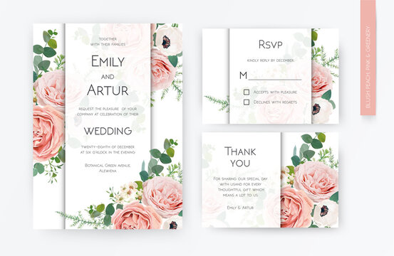 Floral wedding invite card, rsvp, thank you card design. Blush peach, lavender rose, white anemones, wax flowers, Eucalyptus greenery branches foliage, green fern leaves lovely modern watercolor frame