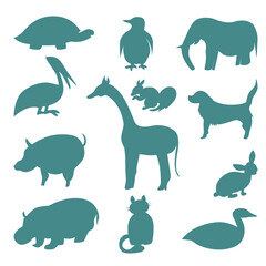 Vector drawing silhouette of animals on a white isolated background in a flat style. Children's drawings, silhouettes, stickers, objects