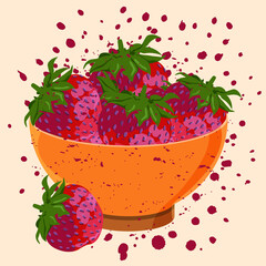 ector drawing of a bowl with strawberries on a yellow background in a flat style. Summer delicacy, sweetness, vitamins. Delicious strawberries in a plate.