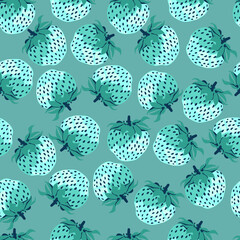 Strawberry seamless pattern on a blue background in a flat style. Clothing, fabric, printing