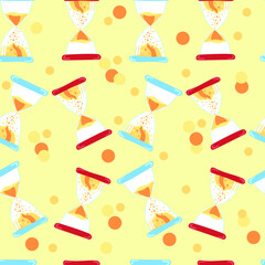 Seamless vector pattern hourglass on a pastel background, flat design. Abstract drawing, clock with sand, suitable for your cards, invitations, backgrounds, posters, flyers, decorations.