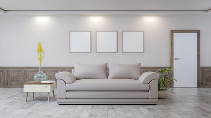 Square poster mockup with Three  frames on empty white wall in living room interior, Living room, 3D Rendering