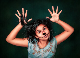 Save the Deer Animal-Creative Portrait of beautiful fashionable girl hand gesture and facial expression