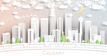 Fototapeta premium Calgary Canada City Skyline in Paper Cut Style with Snowflakes, Moon and Neon Garland.