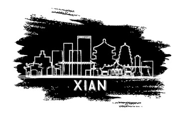 Xian China City Skyline Silhouette. Hand Drawn Sketch.