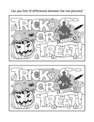 Fototapeta na wymiar Find 10 differences visual puzzle and coloring page with Halloween 