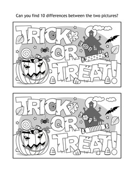 Find 10 differences visual puzzle and coloring page with Halloween "Trick or treat!" text, pumpkin bag, candy, haunted house, bat and spider

