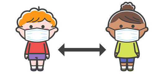 距離を取るマスクをつけた子どもたち／線あり