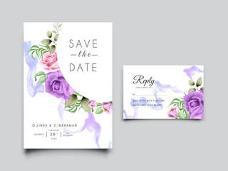 wedding invitation card with purple and pink roses and artistic background