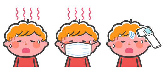 発熱して具合が悪い男の子セット／線あり