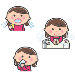 感染症予防／うがい、手洗い、水分補給をする女の子／線あり