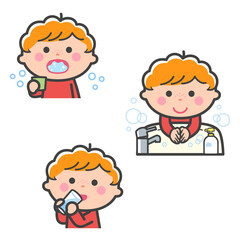 感染症予防／うがい、手洗い、水分補給をする男の子／線あり
