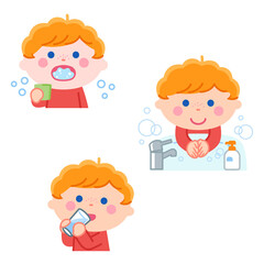 感染症予防／うがい、手洗い、水分補給をする男の子／輪郭線なし